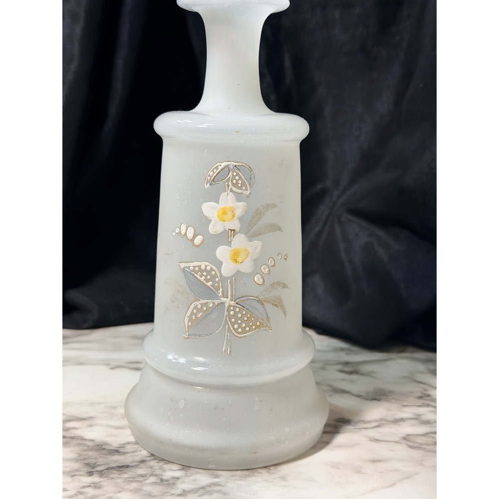 Antique‎ Bristol White Satin Glass Hand Painted Vase/Bottle 8" (2757)